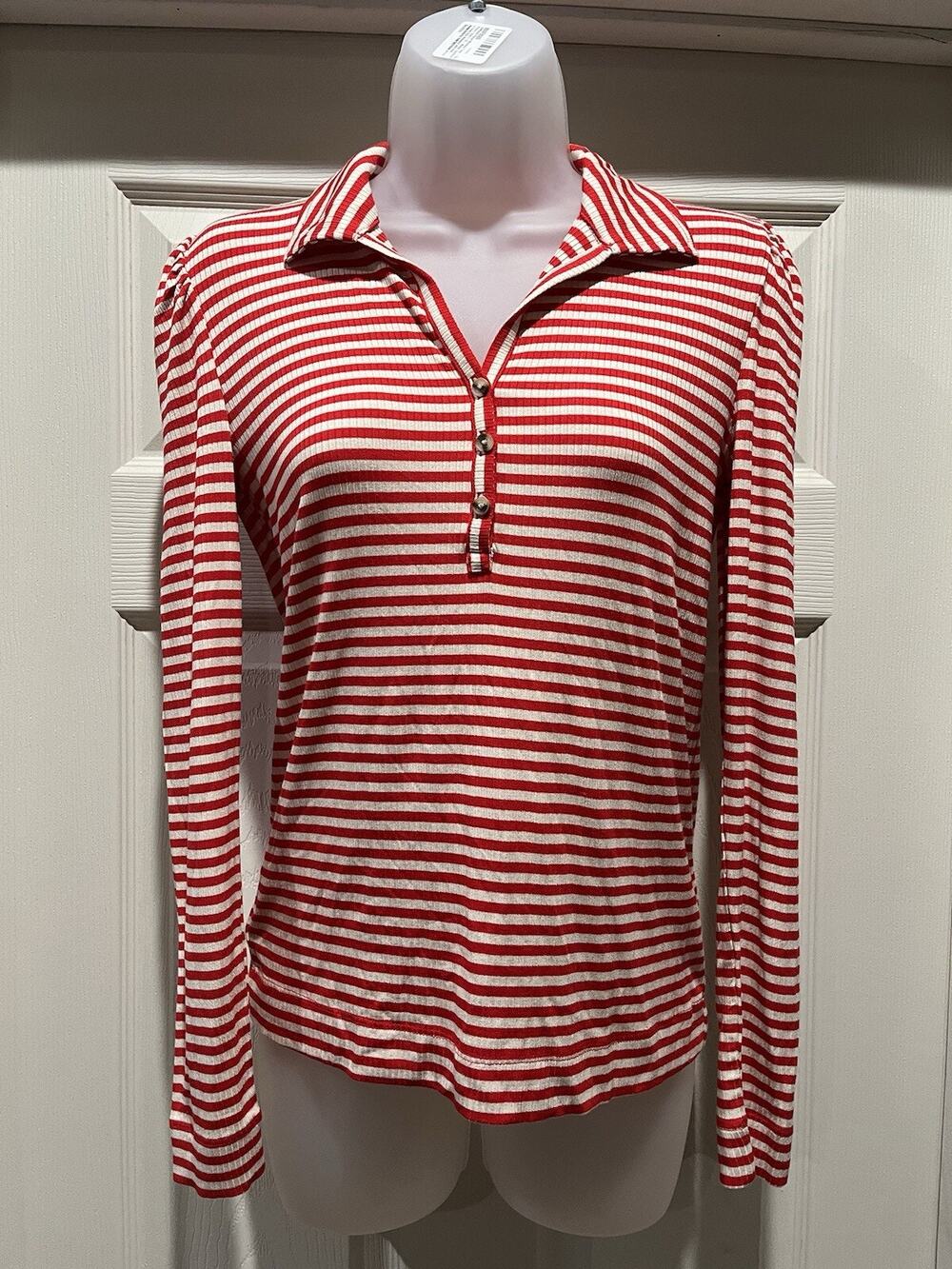 Ann Taylor Loft Shirt W Small White And Red Polo Striped Long Sleeve Ladies
